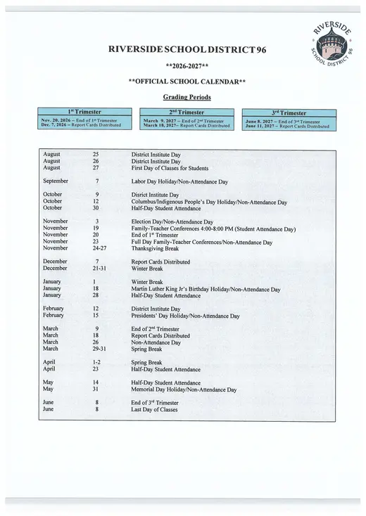 Riverside School District 96 2026–2027 Academic Calendar Page 2
