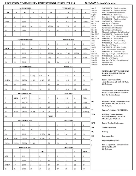 Riverton Community Unit School District #14 2026–2027 Academic Calendar