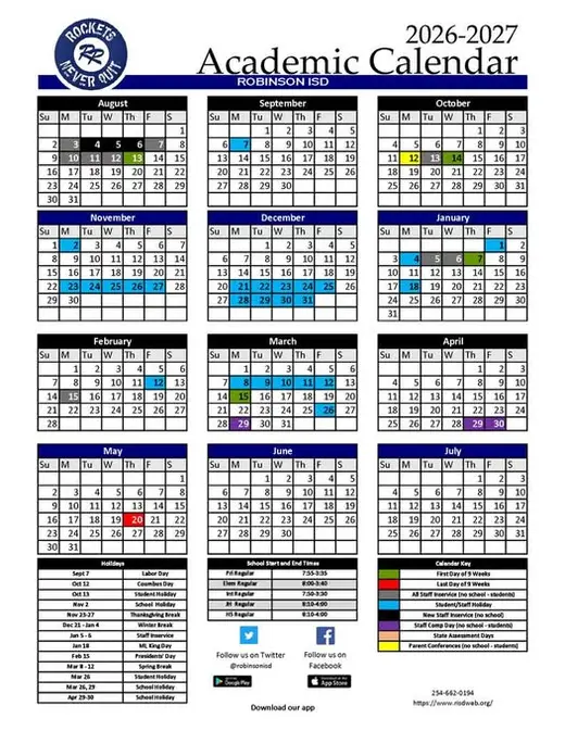 Robinson ISD 2026–2027 Academic Calendar Page 2