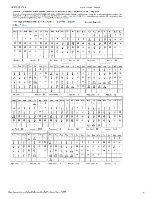 Rochester CUSD 3A 2026–2027 Academic Calendar Page 1