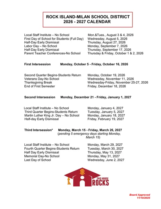 Rock Island-Milan School District 2026–2027 Academic Calendar