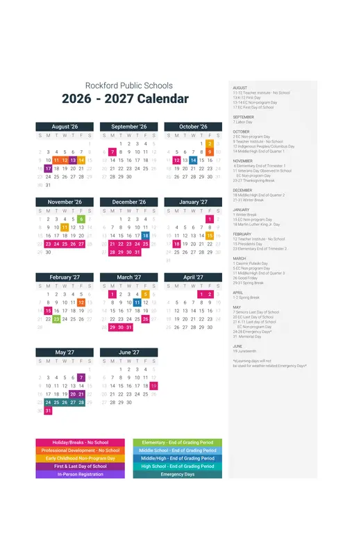 Rockford Public Schools District 205 2026–2027 Academic Calendar