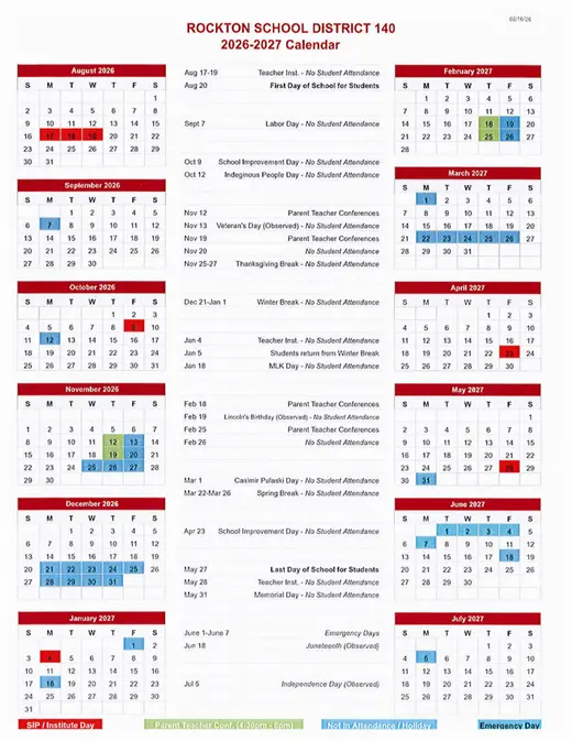 Rockton School District 140 2026–2027 Academic Calendar