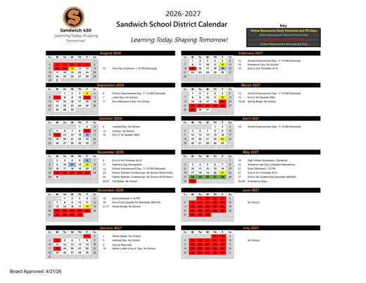 Sandwich School District 2026–2027 Academic Calendar