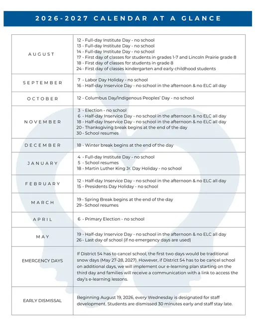 Schaumburg Community Consolidated School District 54 2026–2027 Academic Calendar