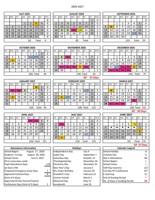 School District 143 2026–2027 Academic Calendar Page 2