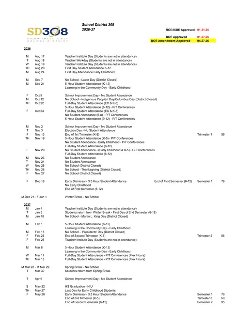 School District 308 2026–2027 Academic Calendar Page 1