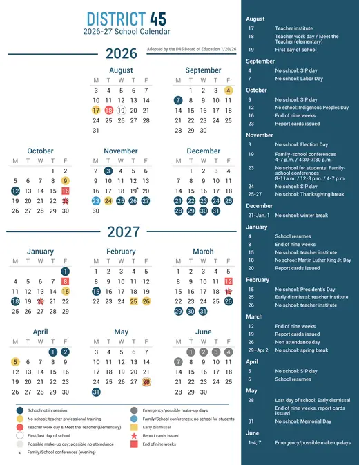 School District 45 DuPage County 2026–2027 Academic Calendar