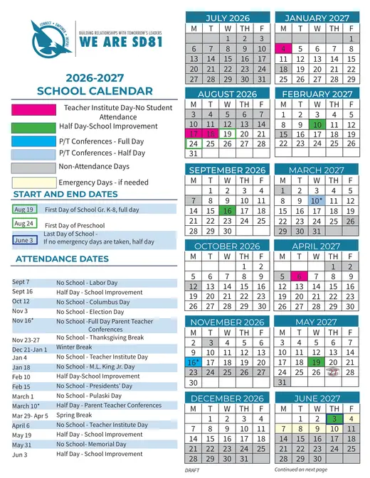 School District 81 2026–2027 Academic Calendar Page 1