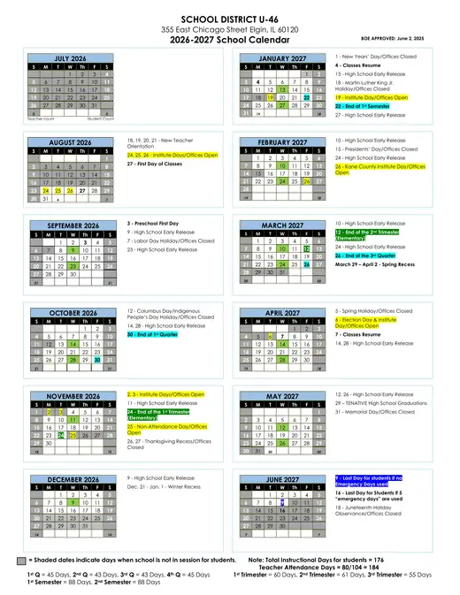 School District U-46 2026–2027 Academic Calendar