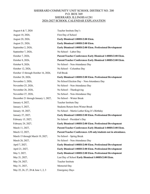 Sherrard Community Unit School District No. 200 2026–2027 Academic Calendar Page 1