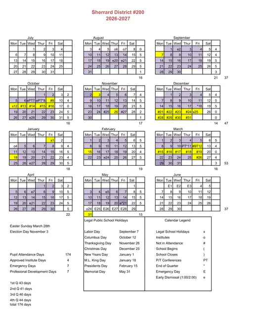 Sherrard Community Unit School District No. 200 2026–2027 Academic Calendar Page 2