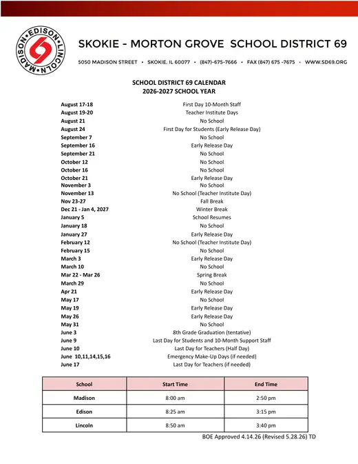 Skokie - Morton Grove School District 69 2026–2027 Academic Calendar