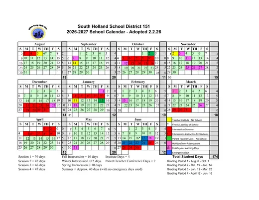 South Holland School District 151 2026–2027 Academic Calendar Page 1