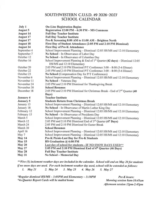 Southwestern C.u.s.d. #9 2026–2027 Academic Calendar Page 1