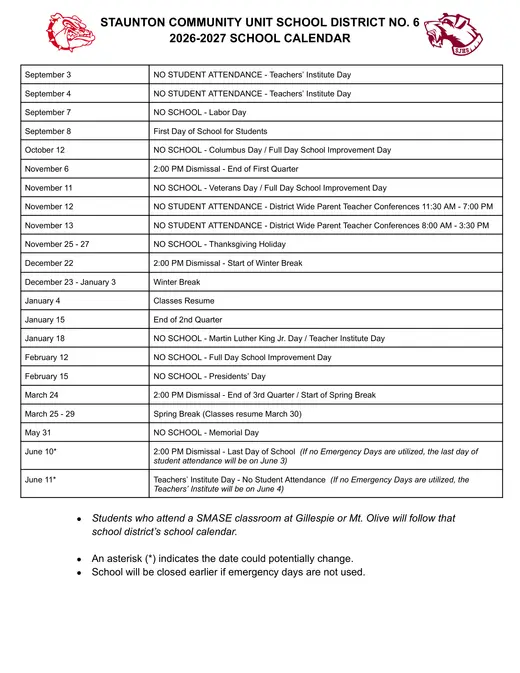 Staunton Community Unit School District No. 6 2026–2027 Academic Calendar