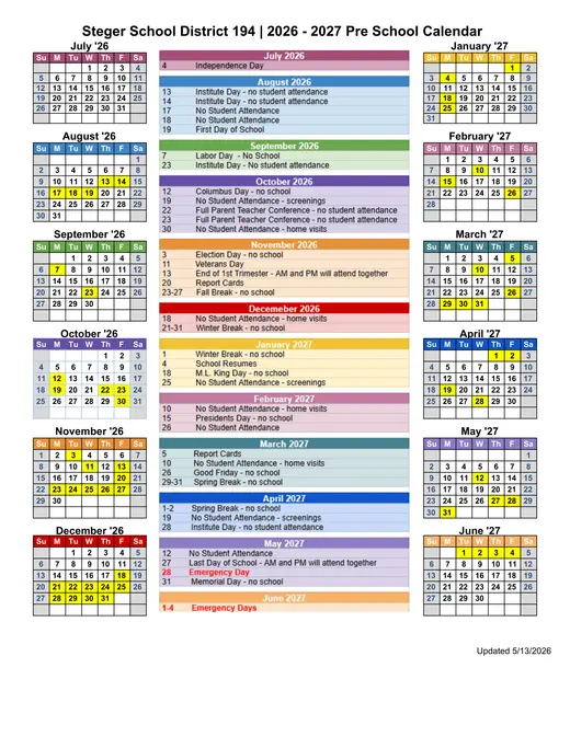 Steger School District 194 (Preschool) 2026–2027 Academic Calendar