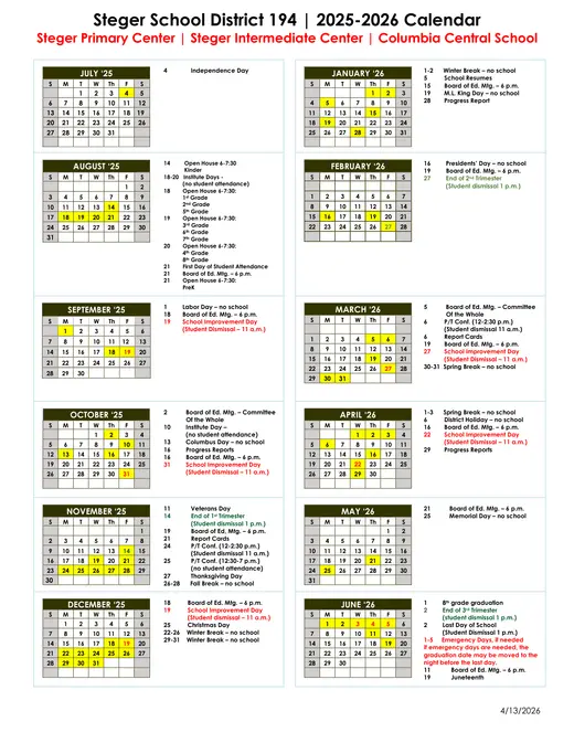 Steger School District 194 2025–2026 Academic Calendar