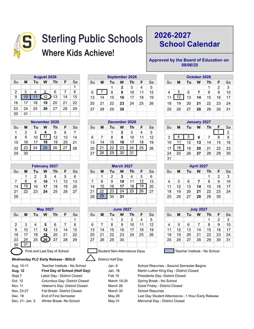 Sterling Community Unit School District 5 2026–2027 Academic Calendar