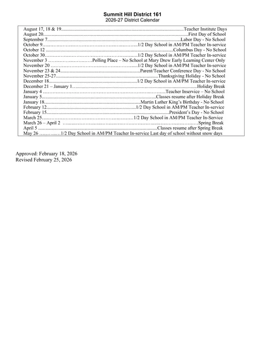 Summit Hill School District 161 2026–2027 Academic Calendar