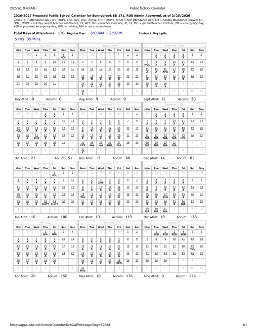 Sunnybrook SD 171 2026–2027 Academic Calendar Page 1