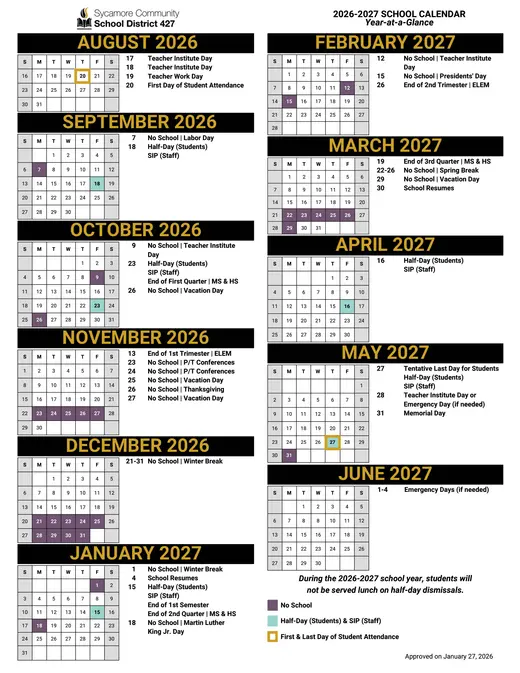Sycamore Community School District 427 2026–2027 Academic Calendar