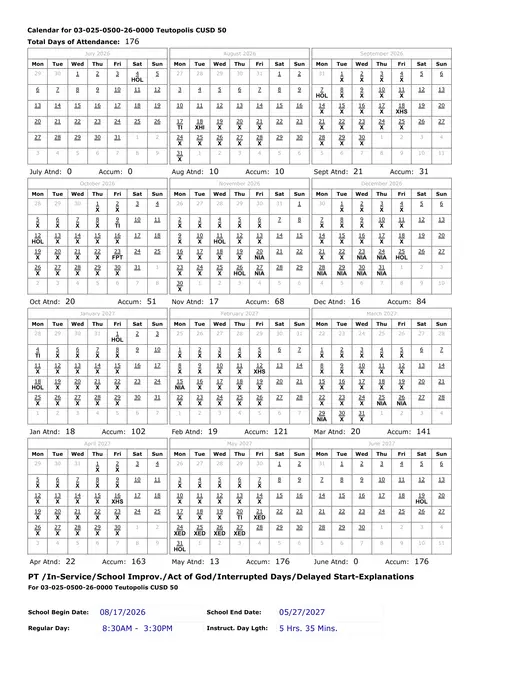 Teutopolis Cusd 50 2026–2027 Academic Calendar Page 2