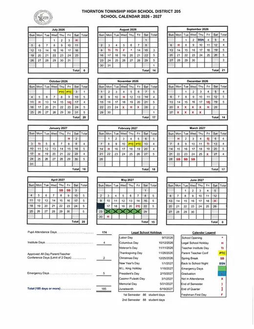 Thornton Township High School District 205 2026–2027 Academic Calendar