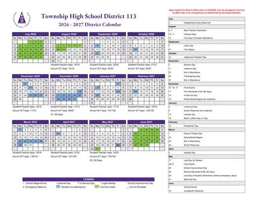 Township High School District 113 2026–2027 Academic Calendar