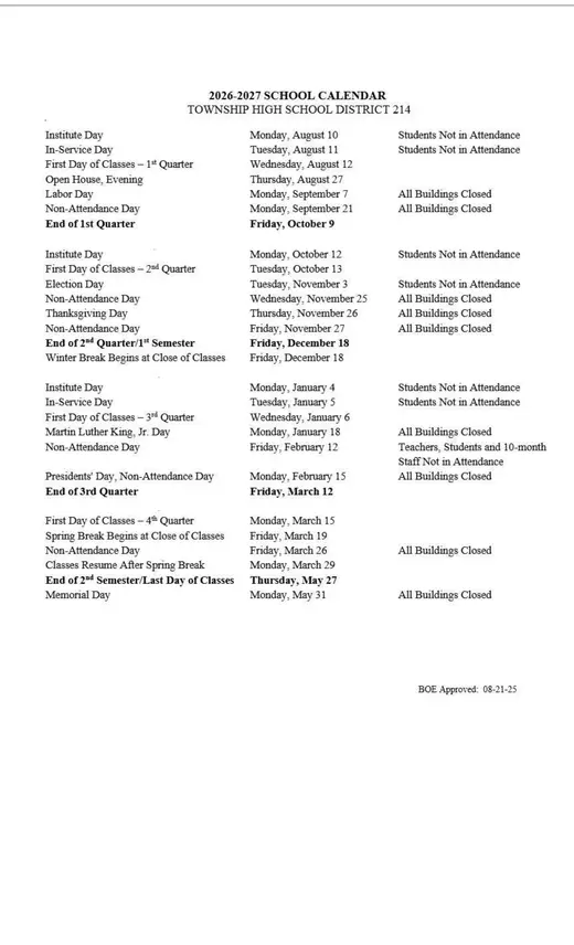 Township High School District 214 2026–2027 Academic Calendar