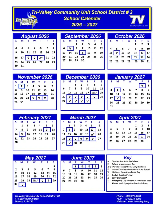 Tri-Valley Community Unit School District #3 2026–2027 Academic Calendar Page 1