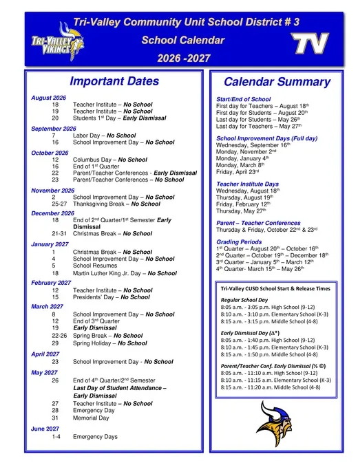 Tri-Valley Community Unit School District #3 2026–2027 Academic Calendar Page 2