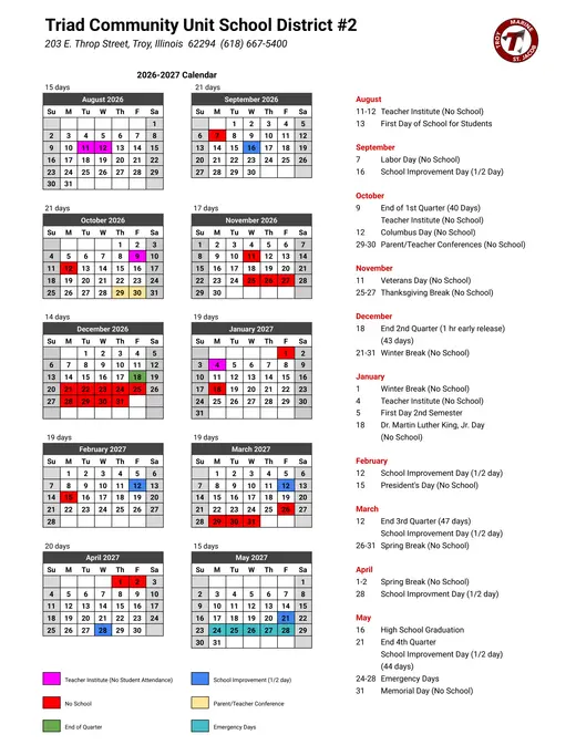 Triad Community Unit School District #2 2026–2027 Academic Calendar