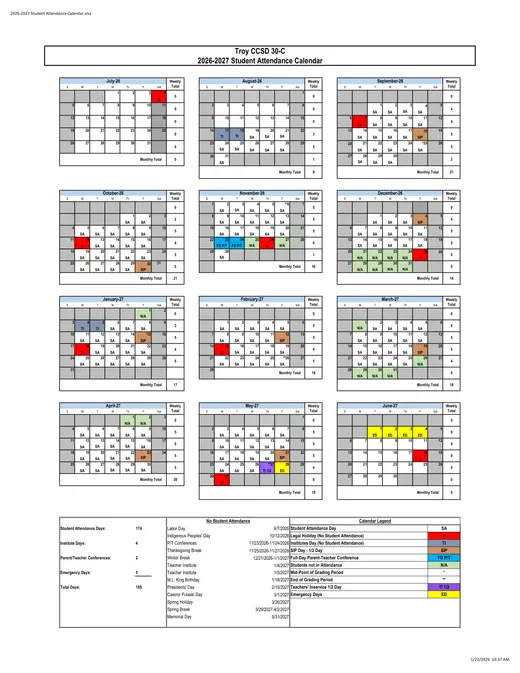 Troy CCSD 30-C 2026–2027 Academic Calendar