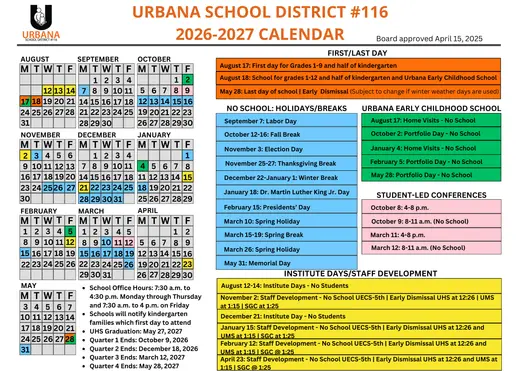 Urbana School District #116 2026–2027 Academic Calendar Page 1