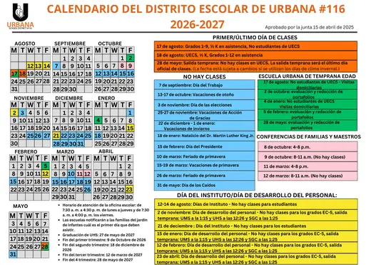 Urbana School District #116 2026–2027 Academic Calendar Page 2