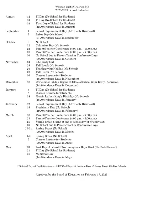 Wabash CUSD District 348 2026–2027 Academic Calendar