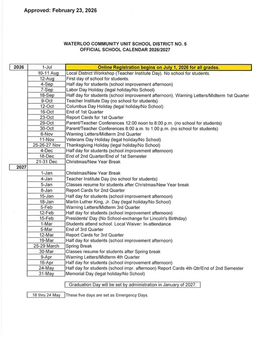 Waterloo Community Unit School District No. 5 2026–2027 Academic Calendar Page 2
