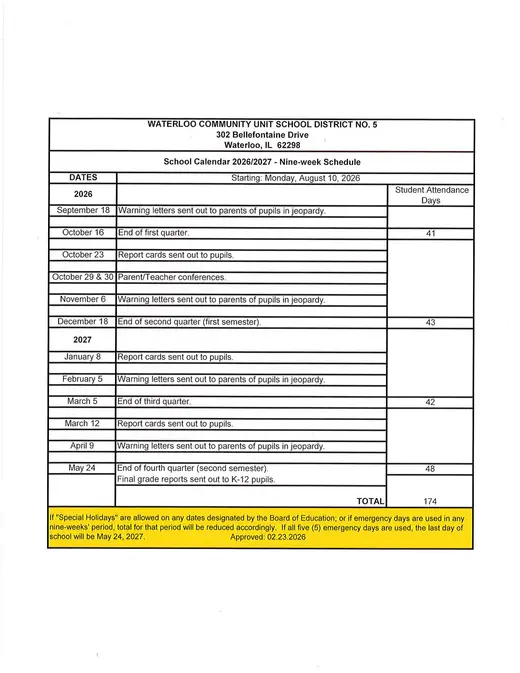 Waterloo Community Unit School District No. 5 2026–2027 Academic Calendar Page 3