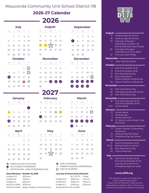 Wauconda Community Unit School District 118 2026–2027 Academic Calendar