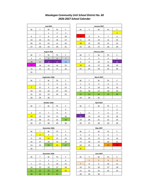 Waukegan Community Unit School District No. 60 2026–2027 Academic Calendar Page 1