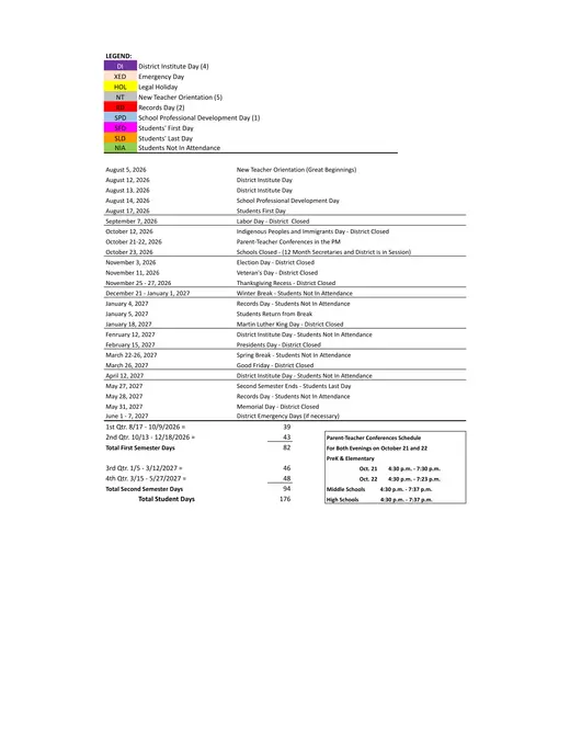 Waukegan Community Unit School District No. 60 2026–2027 Academic Calendar Page 2