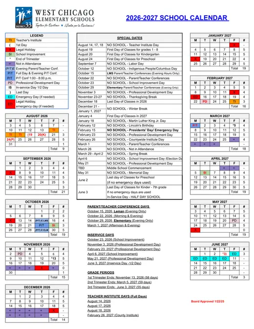 West Chicago Elementary School District 33 2026–2027 Academic Calendar Page 1