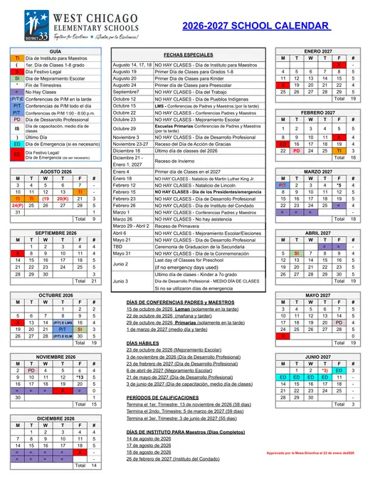 West Chicago Elementary School District 33 2026–2027 Academic Calendar Page 2