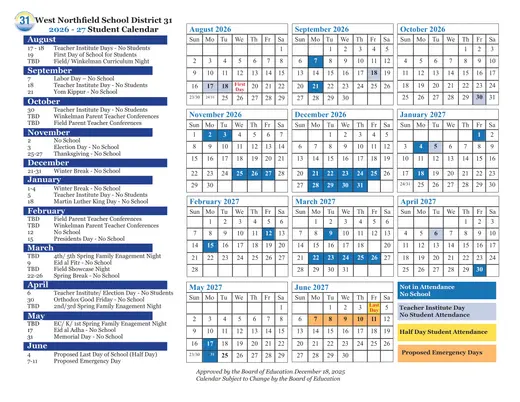 West Northfield School District 31 2026–2027 Academic Calendar Page 1