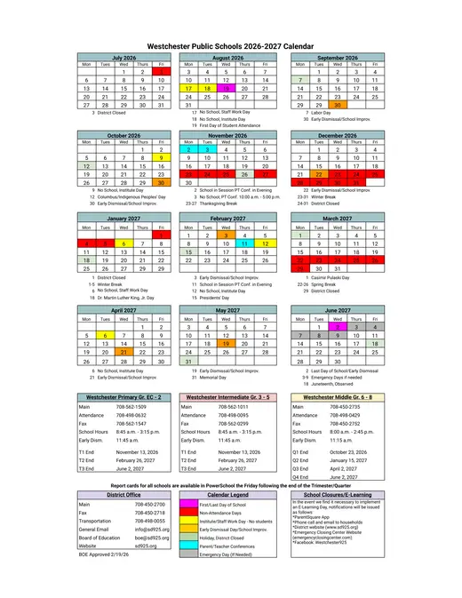 Westchester Public Schools 2026–2027 Academic Calendar Page 1
