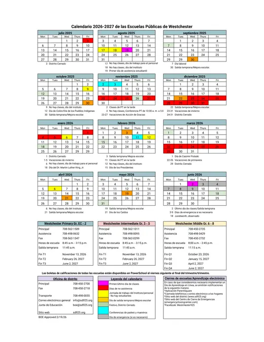 Westchester Public Schools 2026–2027 Academic Calendar Page 2