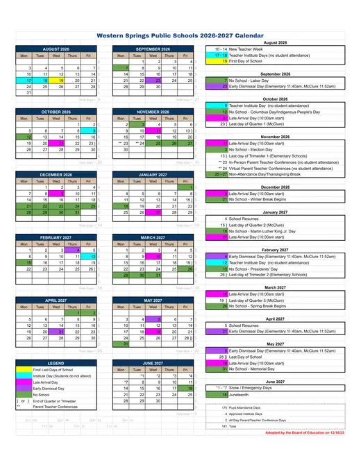 Western Springs Public Schools 2026–2027 Academic Calendar Page 1