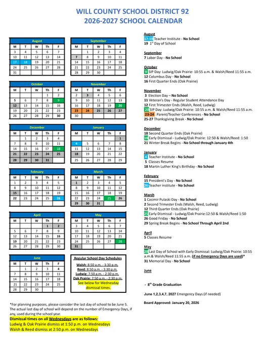 Will County School District 92 2026–2027 Academic Calendar Page 1