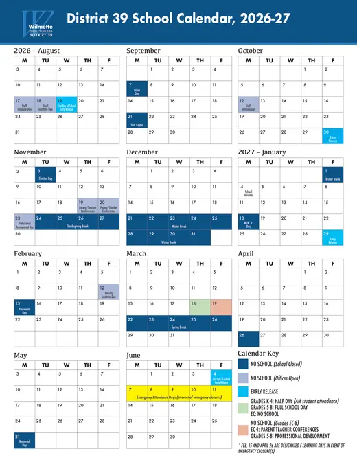 Wilmette Public Schools District 39 2026–2027 Academic Calendar